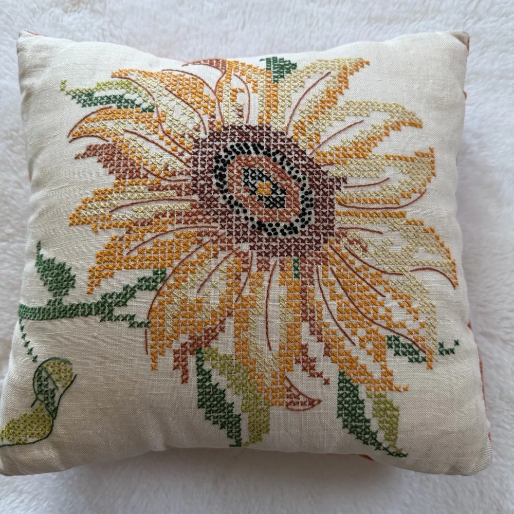 Vintage Hand Embroidered Sunflower Pillow 12” x 12” Cross Stitch Floral Linen